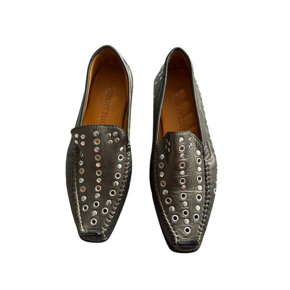 ROBERT ZUR Pewter Silver Metallic Leather Studded Flats Loafers Size 5.5 - Picture 11 of 11
